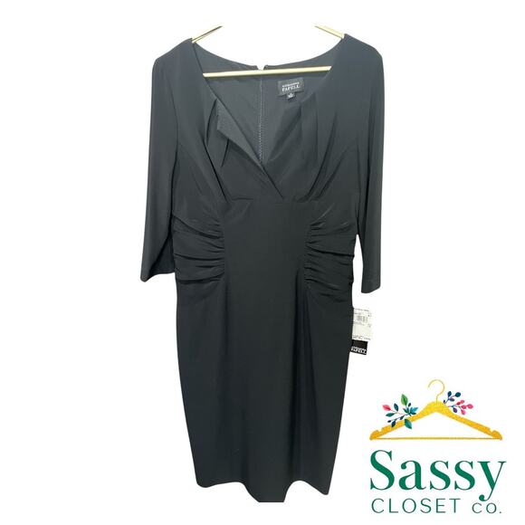 Adrianna Papell Black Dress 10 – NWT, Split V-Neck, Ruched Waist - Picture 2 of 8